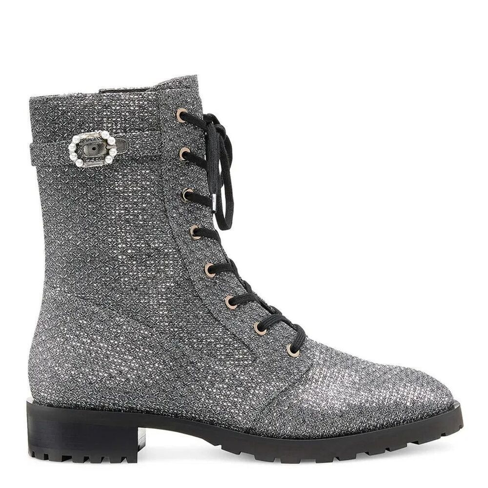New Stuart Weitzman Dazzle Embellished Lamé Silver Combat Boots MSRP $750 7.5